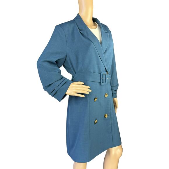 Adelyn Rae Women Blue Notched Lapel Pleated Cuffs Belted Dress Trench Coat XL - Picture 6 of 8